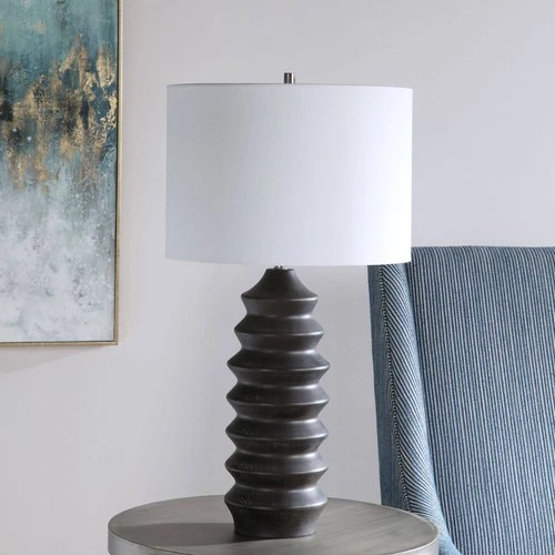 Modern Rustic Table Lamp 30" Tall Black Stain Wood White Shade for Living Room - Picture 3 of 8