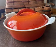 Vintage Descoware Belgium 17 18  Flame Orange Lidded Pot Enamel Cast Iron 7.25"