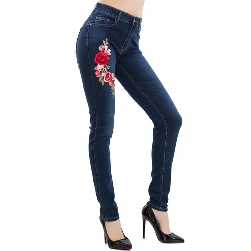 Jeans donna pantaloni slim fit fiori floreali aderenti nuovi vita alta  Y8616 | eBay