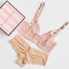 32DD SMALL Victoria  s Secret nude beige balconet bra set cheeky panties