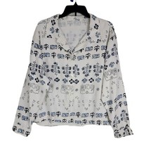 Gasson Linen White Navy Print Top Casual Button Up Long Sleeve Made In USA Sz S