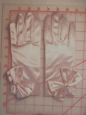 Miss D's Favorite Garden Work Gloves Wedding Prom Stretch Satin Lt. Pink w/ Bow