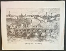 Antique 11x8.5 French Albert Robida 1910 Rothenburg Doppelbrücke Etching Print