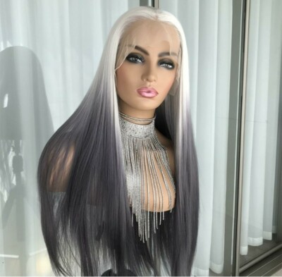 Silver Blonde Ombre Wig HD Front Lace Human Hair Blend Highlights Lowlights