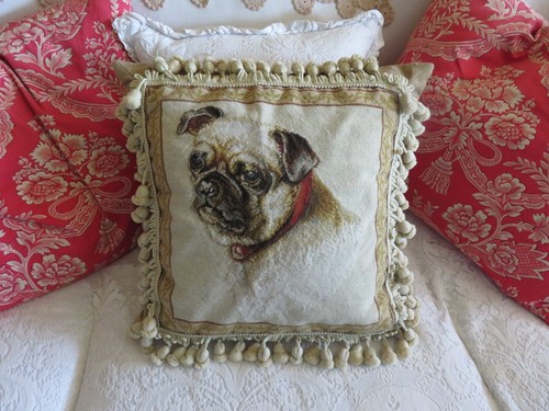Wunderschönes französisches zierliches Kissen im Aubusson-Stil Nadelspitze niedlicher Mops Hund - Bild 7 von 11