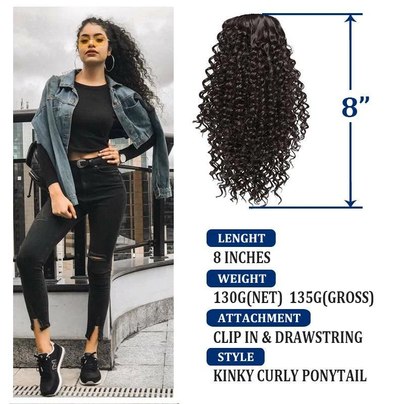 Large Kinky Curly Drawstring Ponytail One Piece Clip In Hair Extension for Human - Image 4 of 4