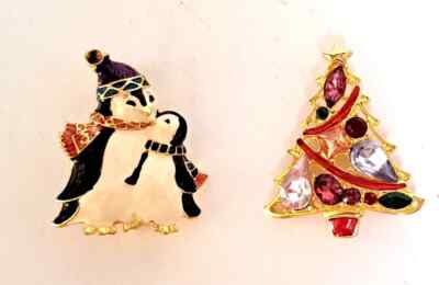 RADCO SHINY BRITE ENAMEL PENGUINs & JEWELED CHRISTMAS TREE PIN LOT OF 2 #729