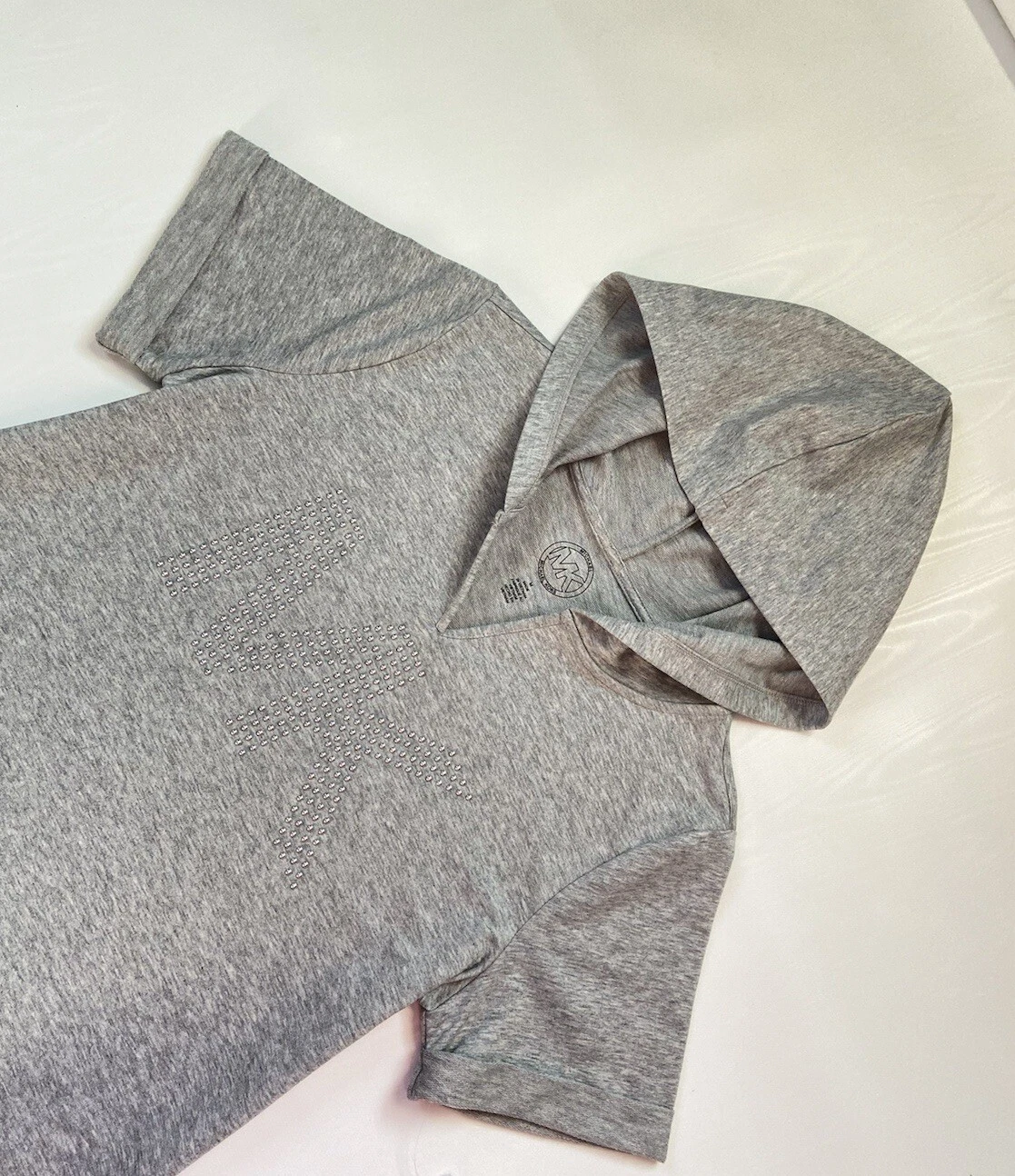 Nuovo abito con cappuccio con cappuccio con logo Michael Kors MK grigio manica corta taglia M nuovo con etichette
