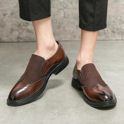 Loafers Mens Leather Fashion Splicing Party Wing Tip Slip On Retro Dress Shoes 
