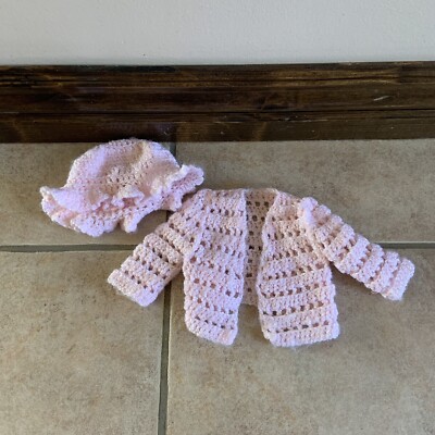 Non American Girl Crocheted Baby Pink Cardigan Sweater and Hat