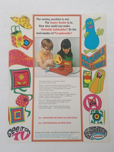 AURORA Plastics HATEABLE INFLATABLES, PARAPHENALIA SUPER SEALER AD Slick 1970s