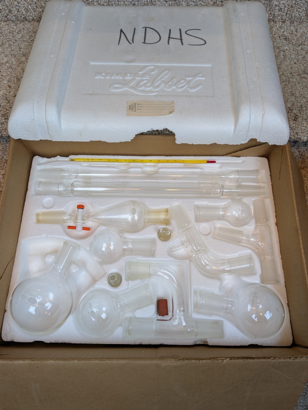 Vintage Kimble Kimax 33820 Organic Chemistry Kit Glassware Labset 5 Set flask 