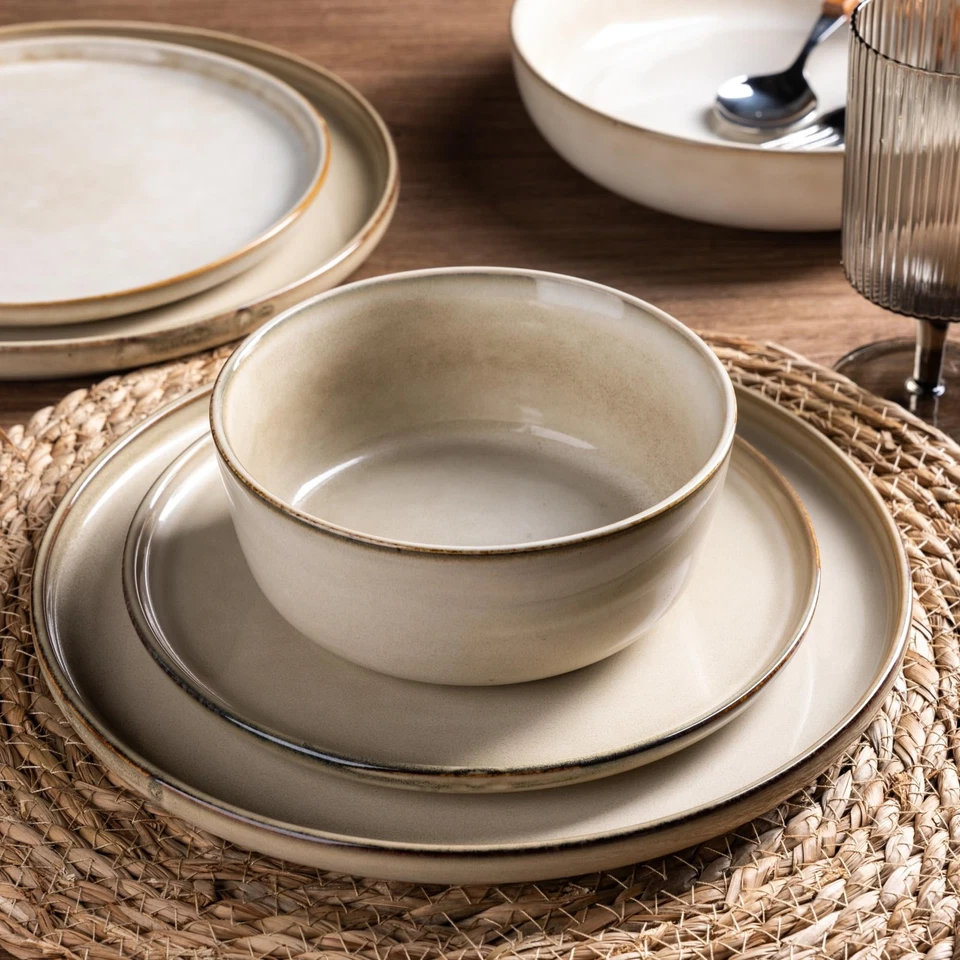 Ceramic Dinnerware Sets for 4, 12 Pieces Stoneware Plates and Bowls Sets, Scr... - Image 3 of 4