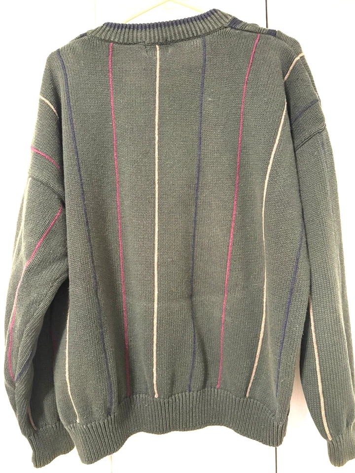 Vintage Y2K Men's Structure Sweater Striped V-Neck Olive Green XL - Image 2 of 4