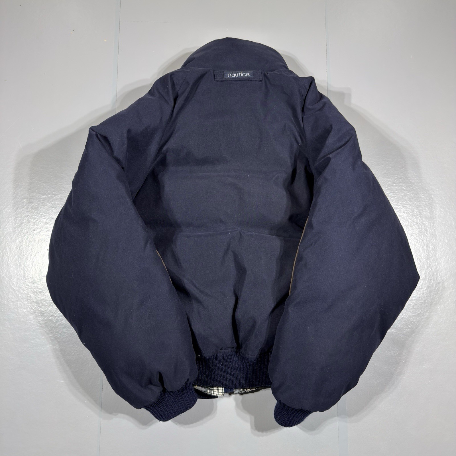 Vintage Nautica Jacket Mens Large Navy Duck Down Puffer Coat Plaid Lining Zip image 8