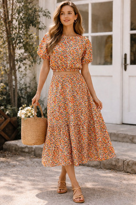 MVN The Label 2 Piece Set Floral Midi Skirt Crop Top US 8 Boho Cottagecore Match