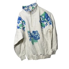 Vintage Trigema Floral Half Zip Sweatshirt M White Blue Green 90s Pullover