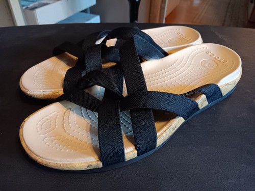 Women's Crocs Eddie Black Tan Comfort Casual Strappy Slides Sandals Size 11 - Picture 10 of 12