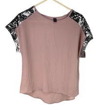Shein Women's Pink Short Sleeve Blouse Top XS – Sequin Shoulder Glam