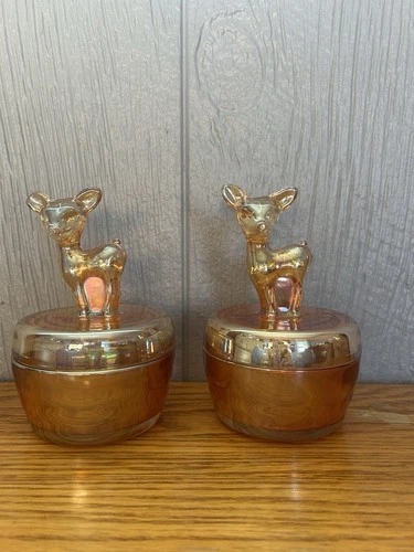 Jeanette Marigold Carnival Glass Deer TrinketCandy Powder Dishes Pair