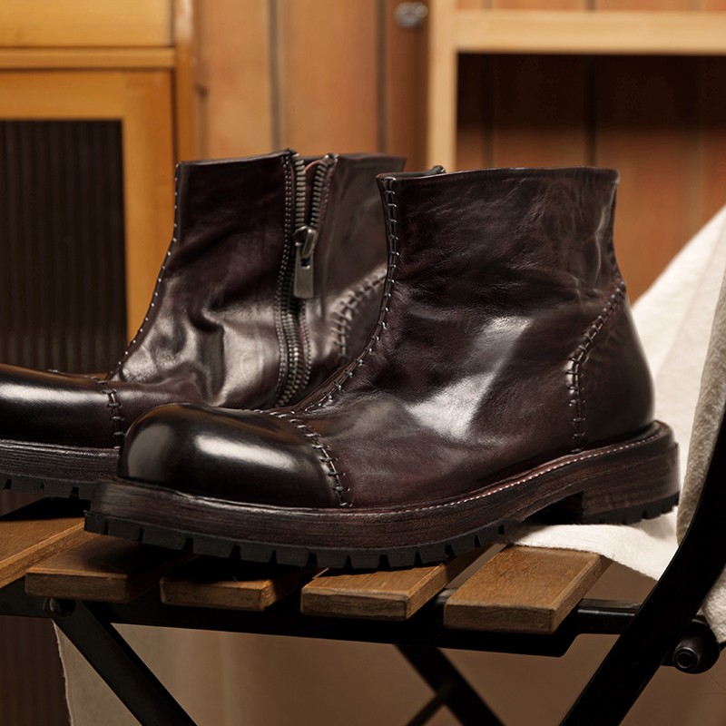 Chic Men's Round Toe Retro Leather Side Zipper Round Toe Workwear Chelsea Boots
