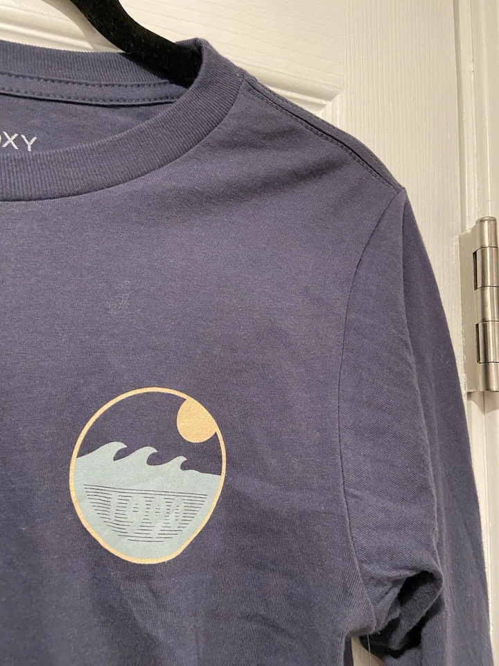 NWT Roxy Size XS Blue Crew Neck Long Sleeve Logo Cropped Tee Shirt Surf Beach 90 - Image 3 of 4
