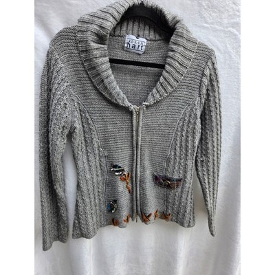 Keren Hart Zip Cardigan Women M Grey Art to Wear Mixed Media Knit Embroider4