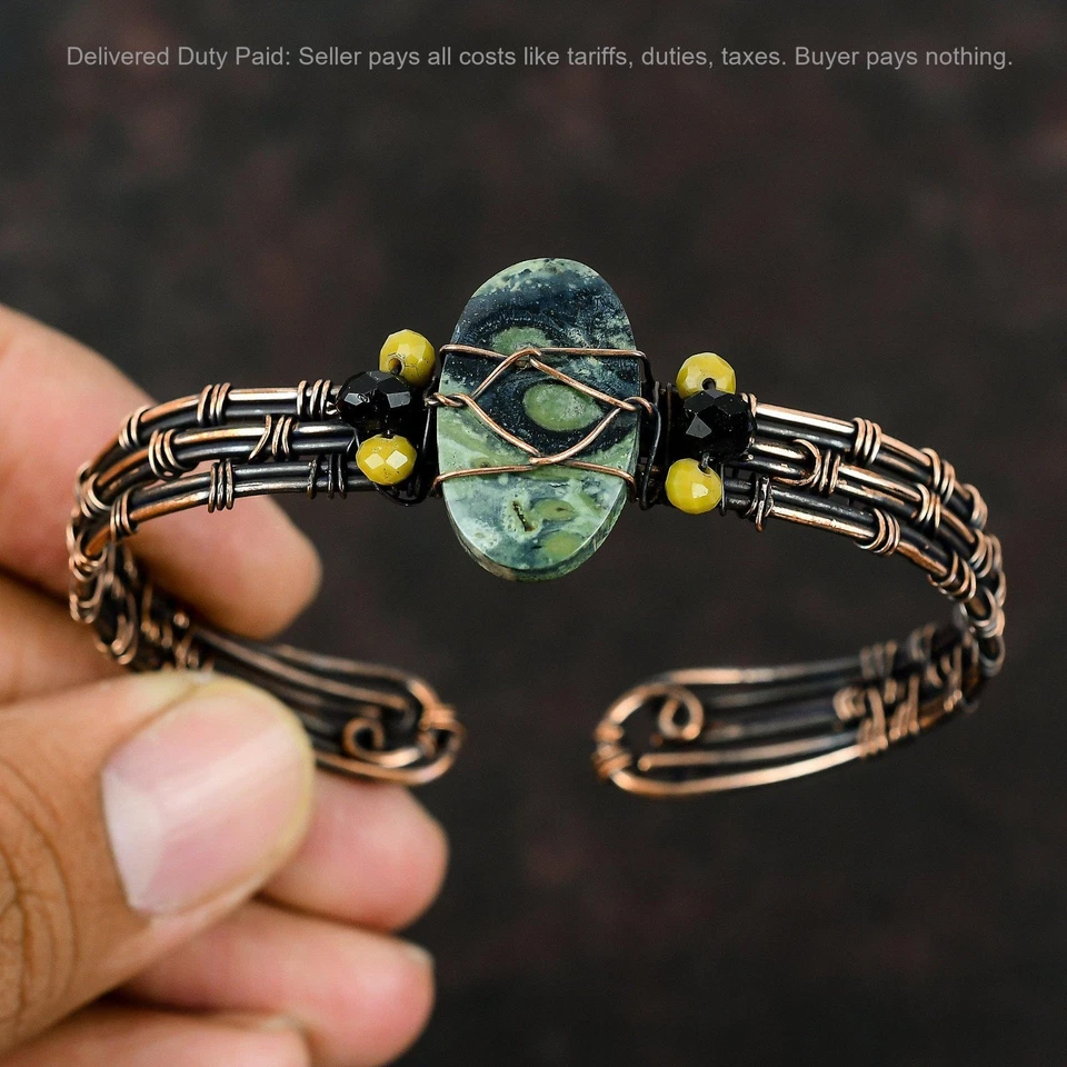 Brazalete Ovalado Kambaba Jaspe Piedras Preciosas Cuentas de Ónix Negro Alambre de Cobre Envuelto Joyería Foto 2 de 4