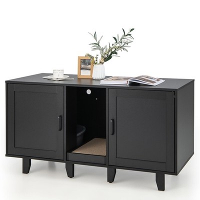 Cat Litter Box Enclosure TV Stand Cabinet Hidden Cat House Washroom W/ 2 Doors