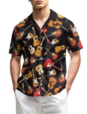 Mens Guitar Music Print Hawaiian Shirt Aloha Beach