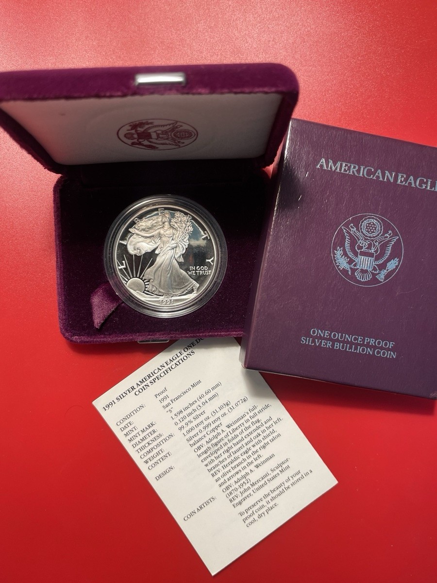 1991 S Proof American Silver Eagle (ASE) Dollar, Gem. With Box