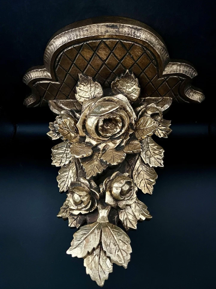 Antique Early 1900's Large 16" Italian Wood Gold Gilt Carved Rose Wall Shelf - Image 3 of 4