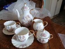 Vintage Miniature Cherub Floral Porcelain Tea Set 9-Piece Service Gold Trim