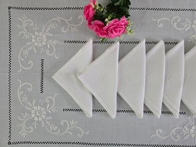 Elegant Hand Embroidered Linen Blend Tablecloth 12 Seater