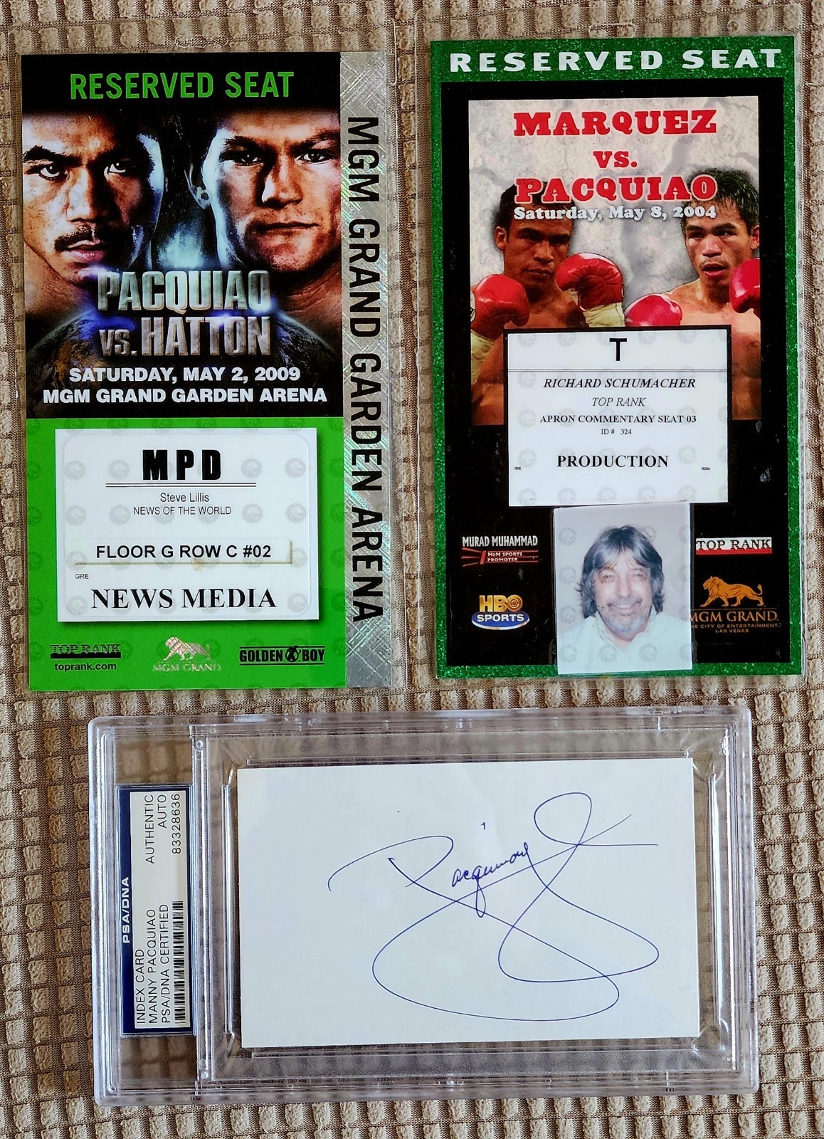 Manny Pacquiao Signed Vintage Signature Cut Psa/Dna Hatton Marquez Press Pass view 1