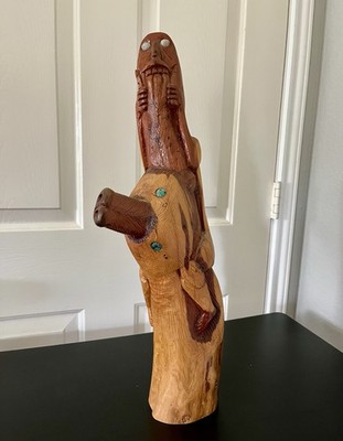 Unique Hand Carved Cedar Statue - Nude Native and His Bear Agate Eyes Opal Tusk 