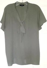 Pleione Womens M Olive Green Tie Front Short Flutter Sleeve  Blouse Top