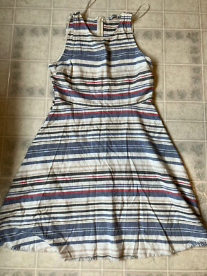 Zara Basic Women's Denim Couture Striped Summer A-Line Dress Medium Raw Edge Hem