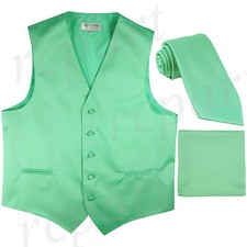 New Men's formal Tuxedo vest extra long necktie  hankie set aqua green 5XL 6XL