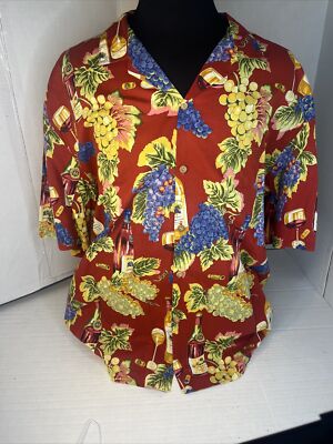 Paradise Found Hawaiian Shirt Mens 3XL Red Wine Grapes Print Cotton |USA