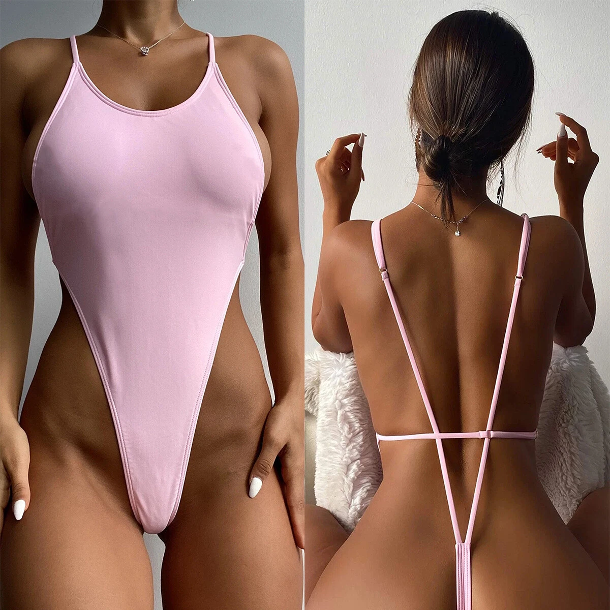 Womens String Back One Piece Swimsuit Sexy Thong Swimwear Monokini Bathing  Suits