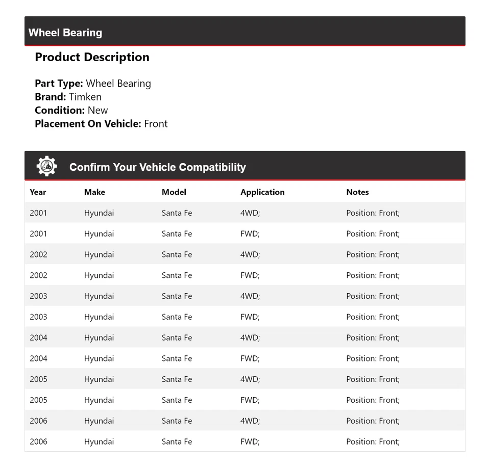 Cojinete de rueda delantero Timken 2002 2003 2004 2005 para Hyundai Santa Fe 2001-2006 Foto 2 de 4