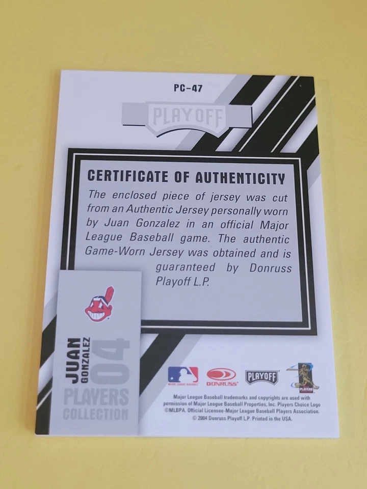 JUAN GONZALEZ - 2004 PLAYOFF PRESTIGE PLAYER'S COLLECTION GAME-WORN JERSEY CARD - Image 2 of 2