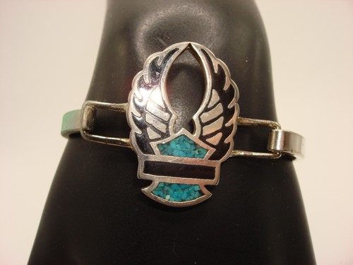 VINTAGE HARLEY DAVIDSON SILVER W/TURQUOISE INLAY HINGED BRACELET!