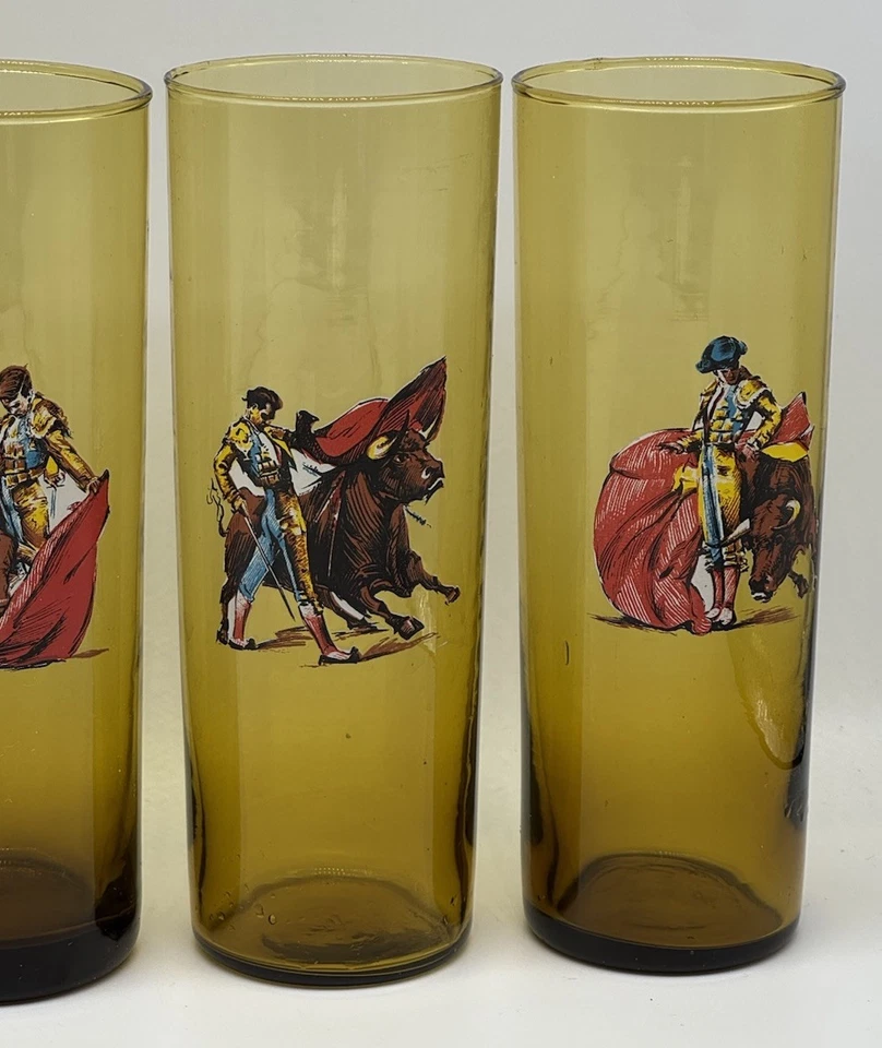 Juego de seis vasos altos ámbar soplado a mano matador taurino vintage barware, Foto 2 de 4