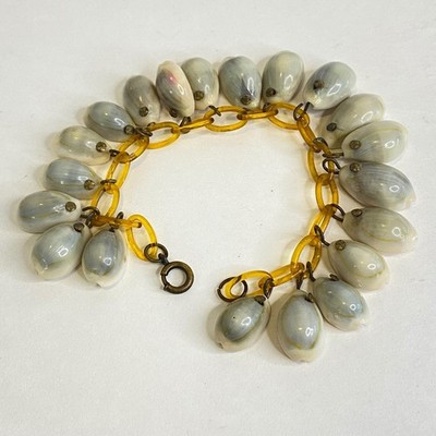 Vintage Cowrie Shell Charm Bracelet Amber Tone Celluloid Link Floral Summer 6.5''