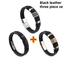 3 pcs Men's black braided leather bracelet set, magnetic clasp, 21cm