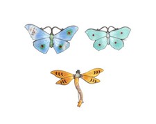 Two silver and enamel butterfly brooches; together with a silver dragonfly