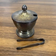 WILLIAM ADAMS English Gold Washed Silver Plate Caviar Bowl with Tong 3"