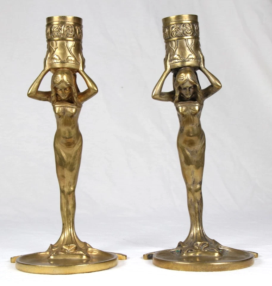 2x Figürlicher Jugendstil Kerzenleuchter um 1920 wohl Francis RENAUD art nouveau - Bild 3 von 4